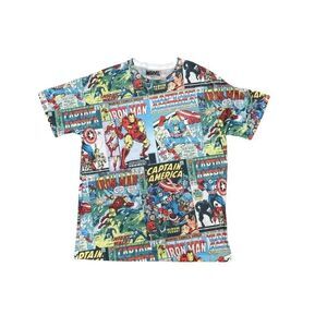 Marvel Comic Book All Over Print T-Shirt Iron Man Captain America Retro Tee Sz L